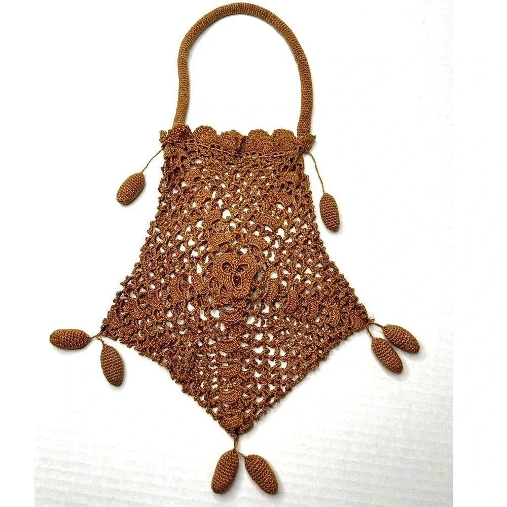Vintage Handmade Open Crochet Drawstring‎ Handbag Purse Bag Unlined